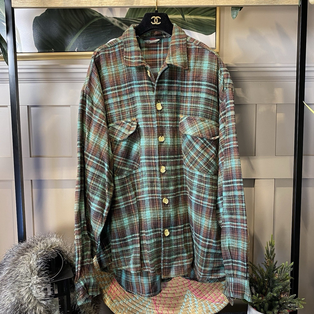 Y2K QUIKSILVER Mens Flannel Shirt Size M Teal Brown Plaid Soft Cotton Skate Surf